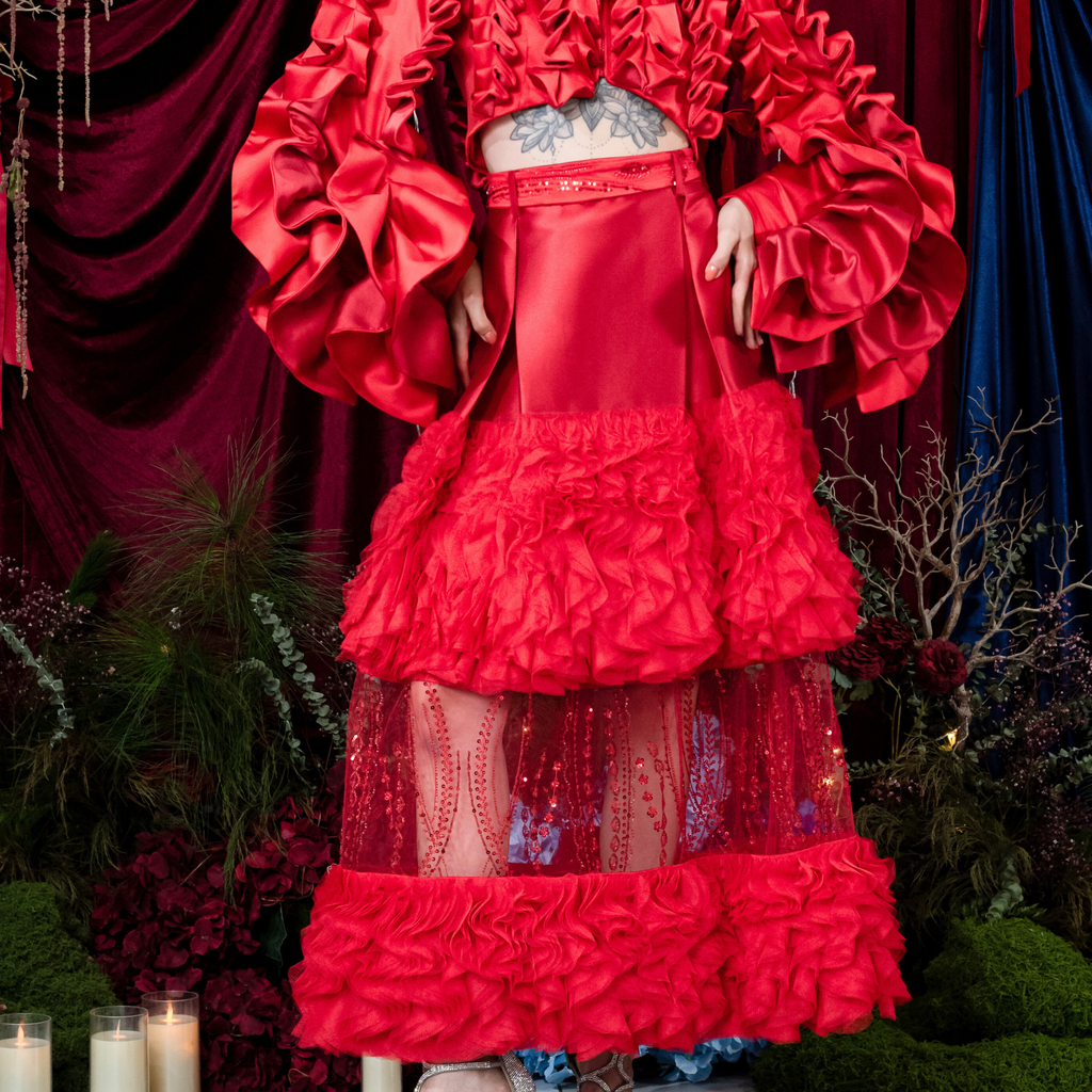 Central Celebration Jennifer Long ball Red Tulle Skirt with Lace