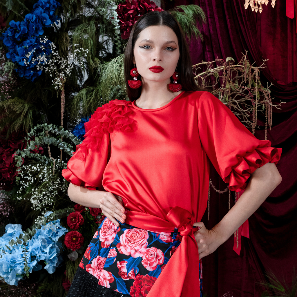 Central Celebration Red sateen top with 3D Applique