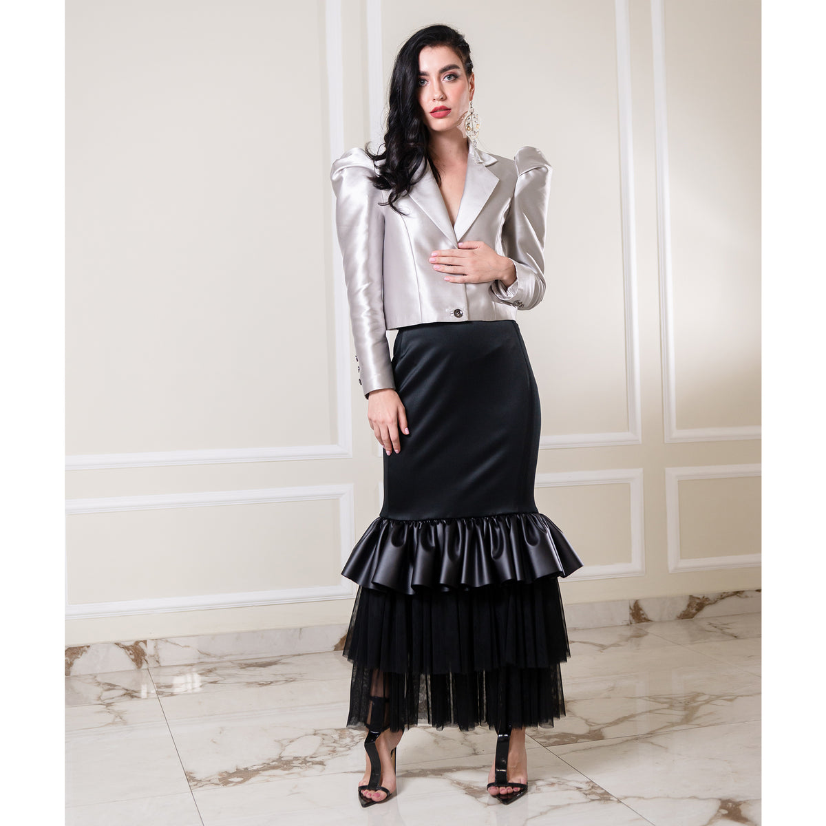 Carrie Skirt Long Black Leather with Tulle (6931847839767)