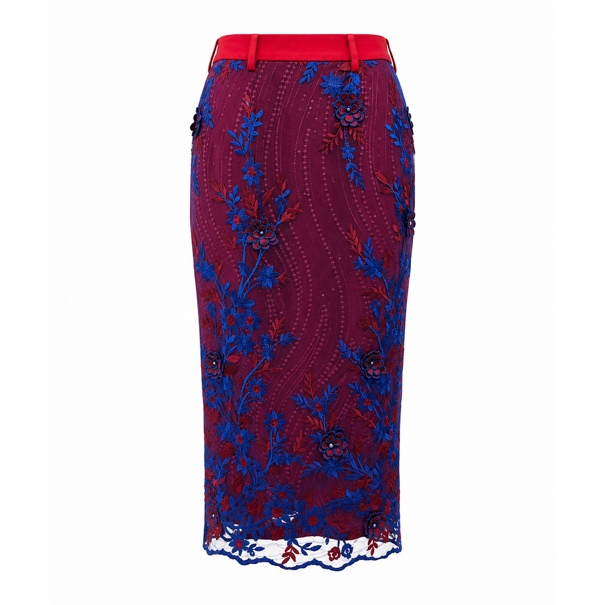 Royal Blue pencil skirt in 3D flower lace - 2MADISONAVENUE.COM