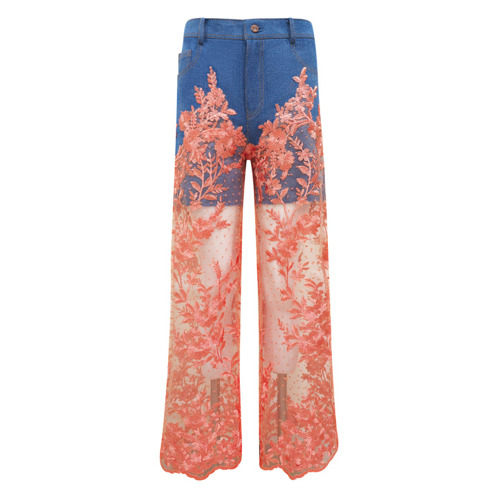 Signature denim fancy cullote pant with salmon lace #3 - 2MADISONAVENUE.COM