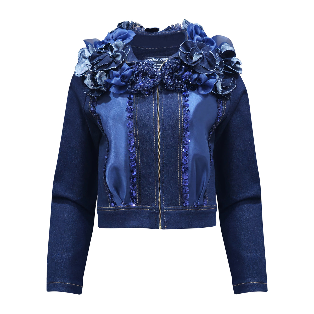 Signature Denim cropped jacket with roses patch (7666018385943)