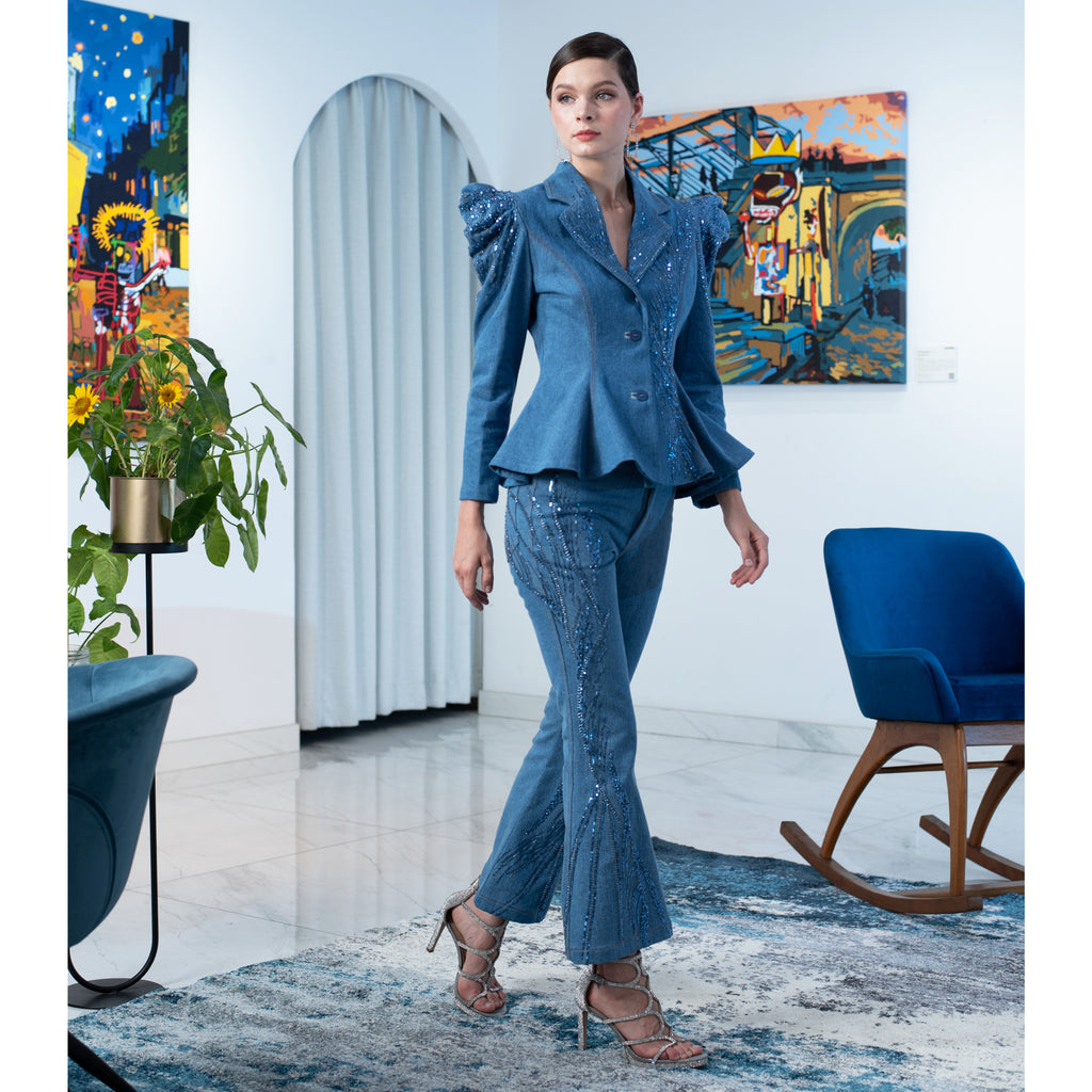 Signature Denim Light Blue bell bottom pant with sequin (7766380183575)