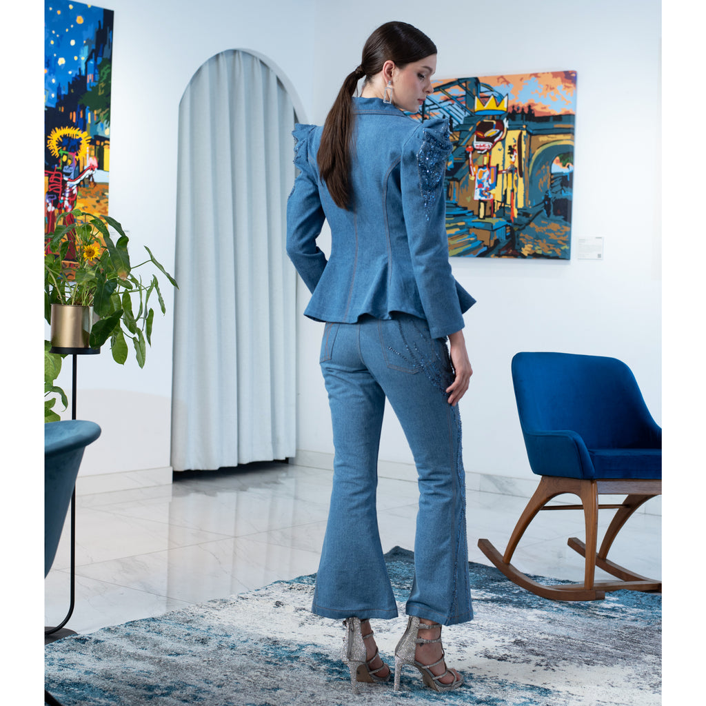 Signature Denim Light Blue bell bottom pant with sequin (7766380183575)