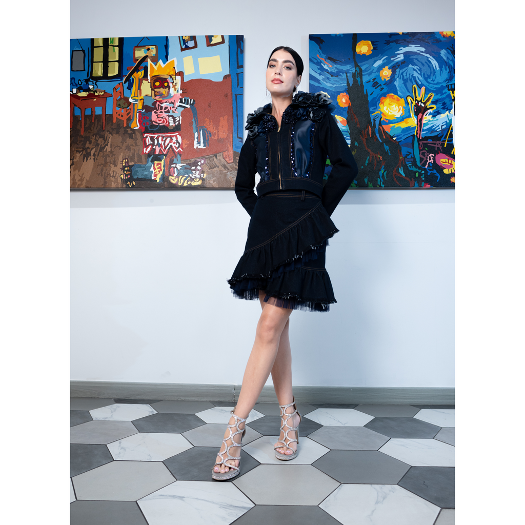 Signature Denim cropped jacket with roses patch (7666018385943)