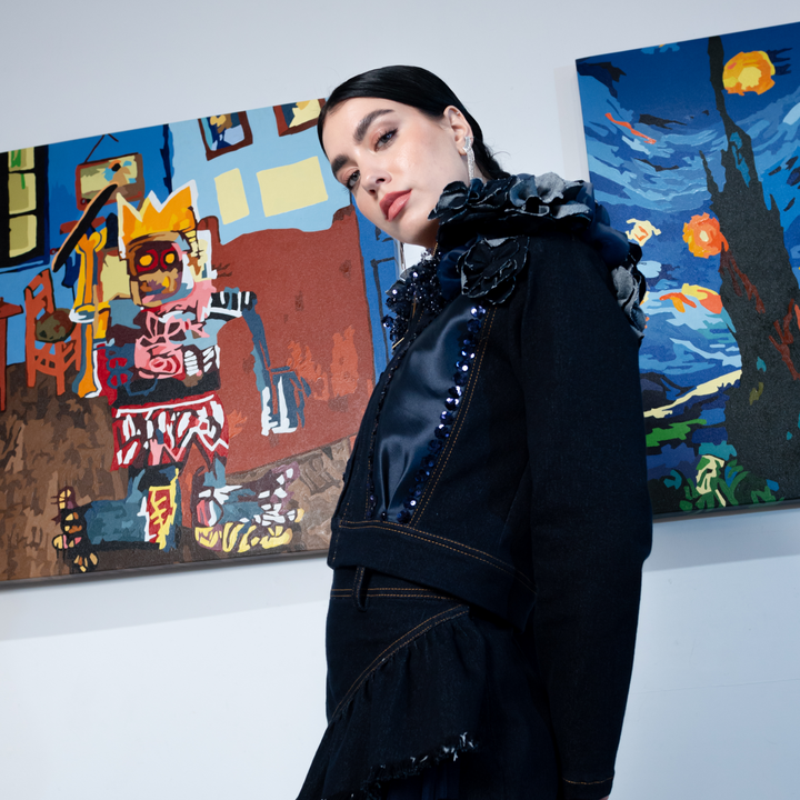 Signature Denim cropped jacket with roses patch (7666018385943)