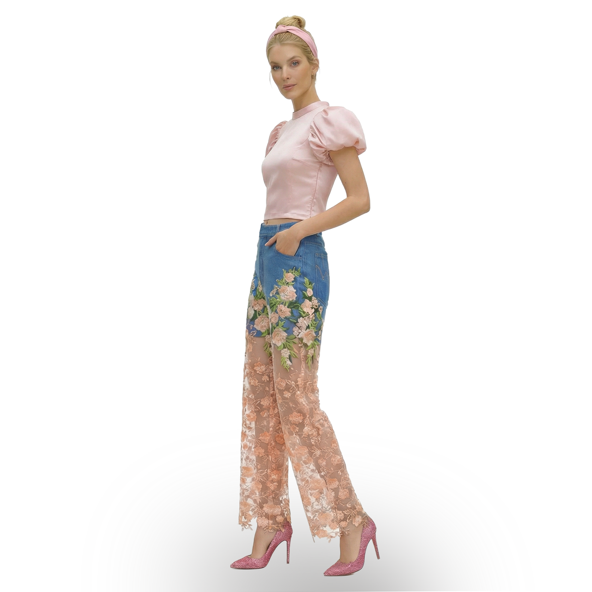 Signature denim fancy cullote pant with salmon lace #2 - 2MADISONAVENUE.COM