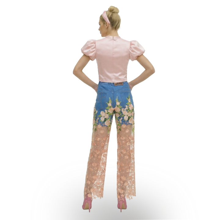 Signature denim fancy cullote pant with salmon lace #2 - 2MADISONAVENUE.COM