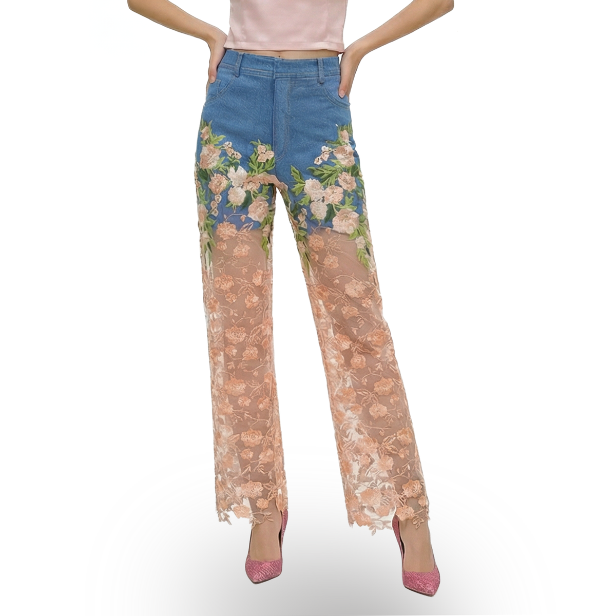 Signature denim fancy cullote pant with salmon lace #2 - 2MADISONAVENUE.COM