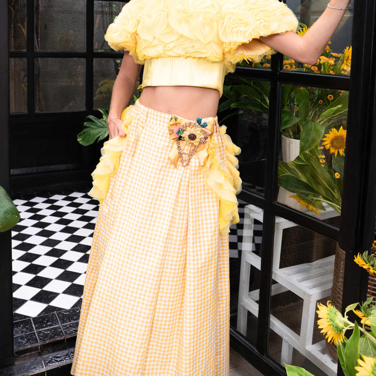 Sunflower Gingham yellow kahlo fancy long ball skirt - 2MADISONAVENUE.COM