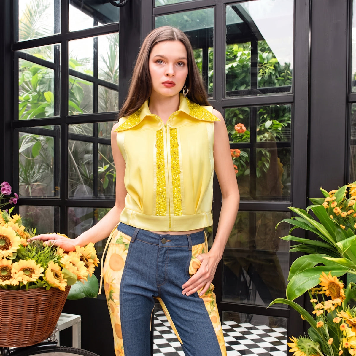 Sunflower Signature yellow cropped vest with sequin