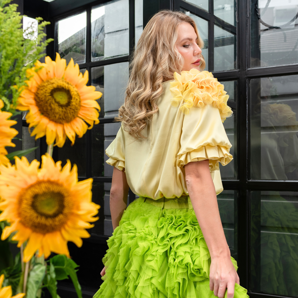 Sunflower sateen top with 3D Applique