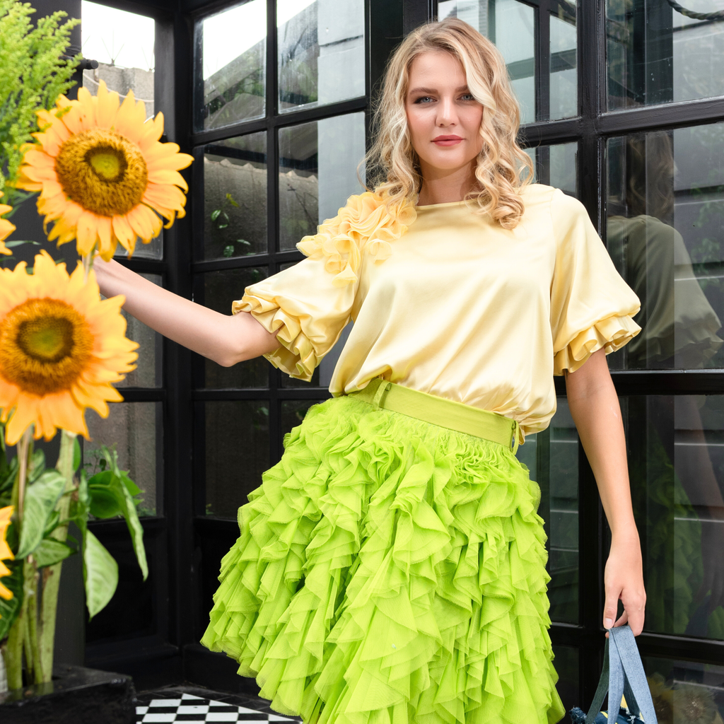Sunflower sateen top with 3D Applique