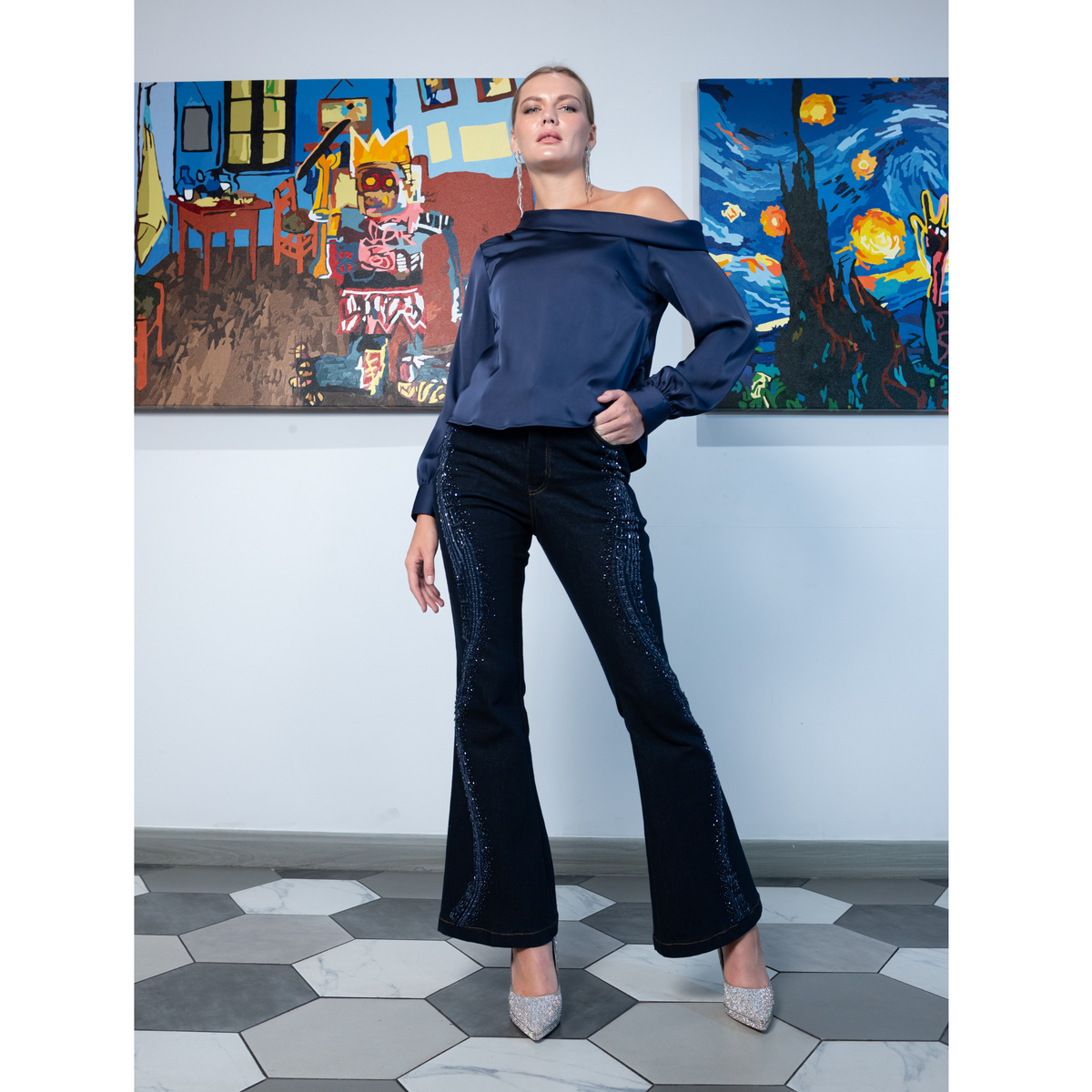 Timeless Pieces signature denim bell bottom pant with sequin (7666115182615)