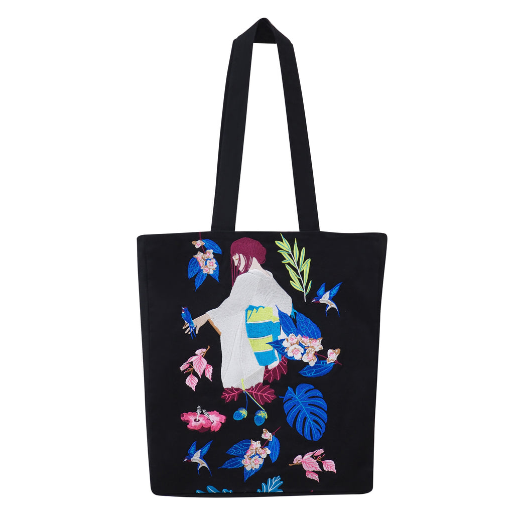 Flower From The East Embroidery Black Tote Bag (6911585189911)