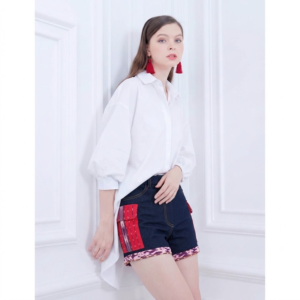 Traditional Weaving Red Denim Short pant