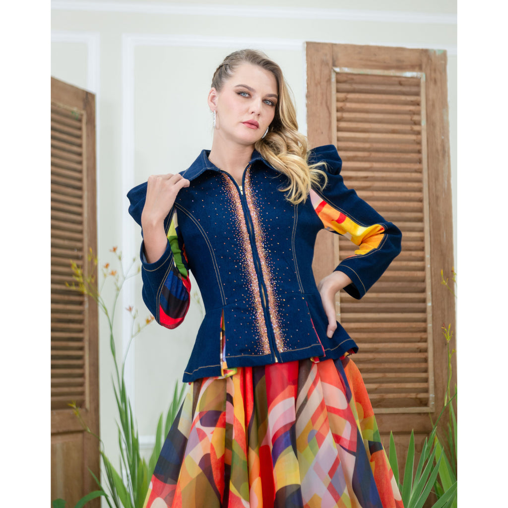 Becoming Abstract Samantha Blazer Denim Top with Sequince (6928159637527)