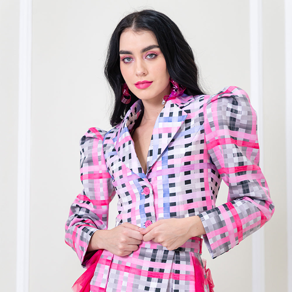 Becoming Gingham Grey Pink Agnez Cropped Blazer (6888024801303)