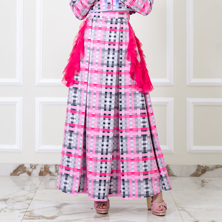Becoming Gingham Grey Pink Kahlo Fancy Long Ball Skirt (6888024277015)
