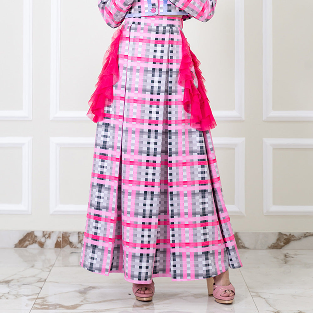 Becoming Gingham Grey Pink Kahlo Fancy Long Ball Skirt (6888024277015)