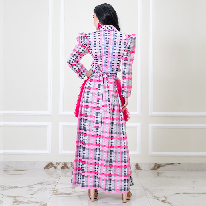 Becoming Gingham Grey Pink Kahlo Fancy Long Ball Skirt (6888024277015)