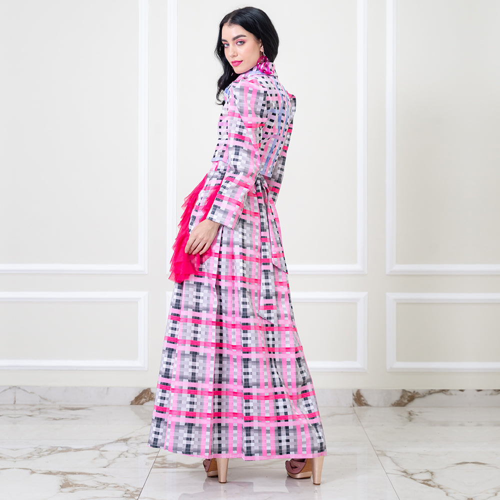 Becoming Gingham Grey Pink Kahlo Fancy Long Ball Skirt (6888024277015)