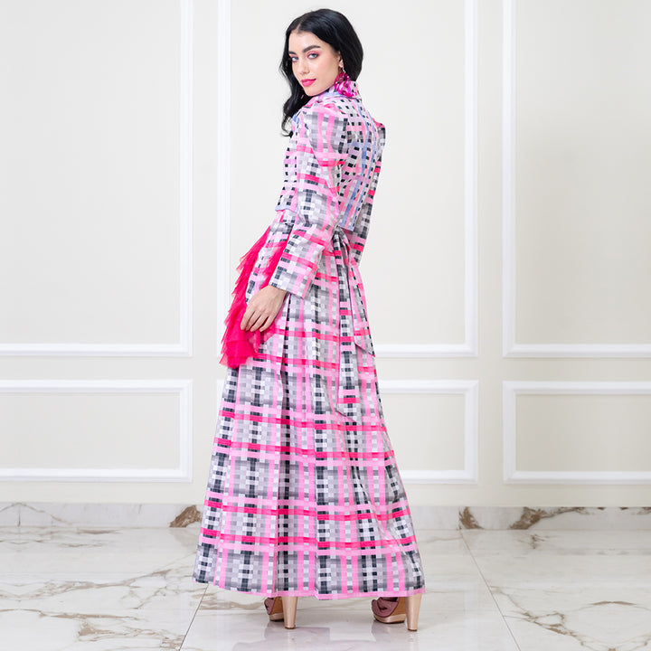 Becoming Gingham Grey Pink Kahlo Fancy Long Ball Skirt (6888024277015)
