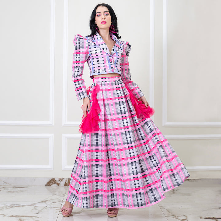 Becoming Gingham Grey Pink Kahlo Fancy Long Ball Skirt (6888024277015)