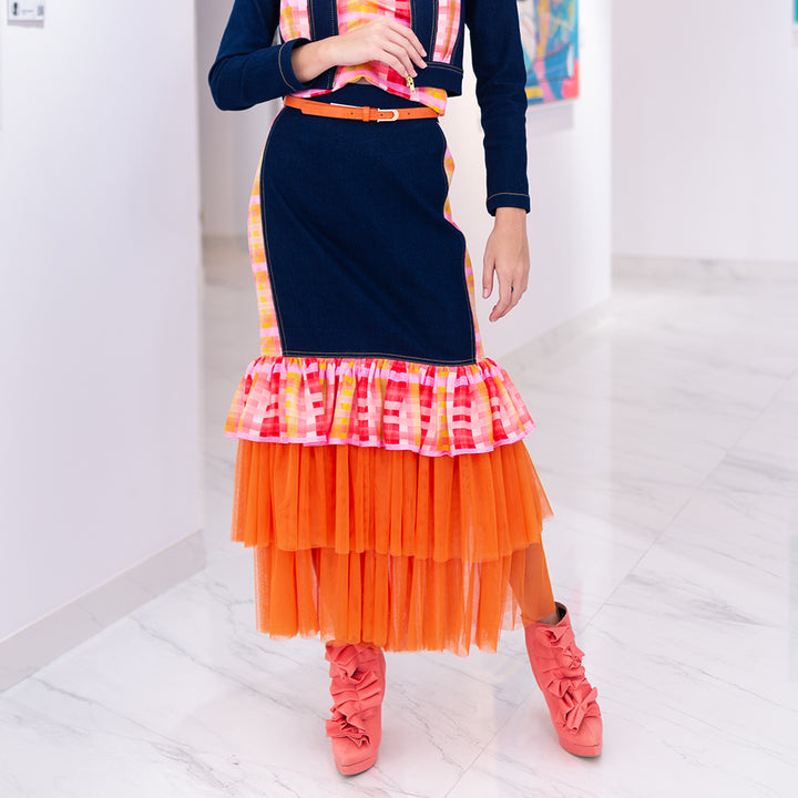 Becoming Gingham Sunkist Carrie Denim Long Skirt With Tulle (6866510381079)