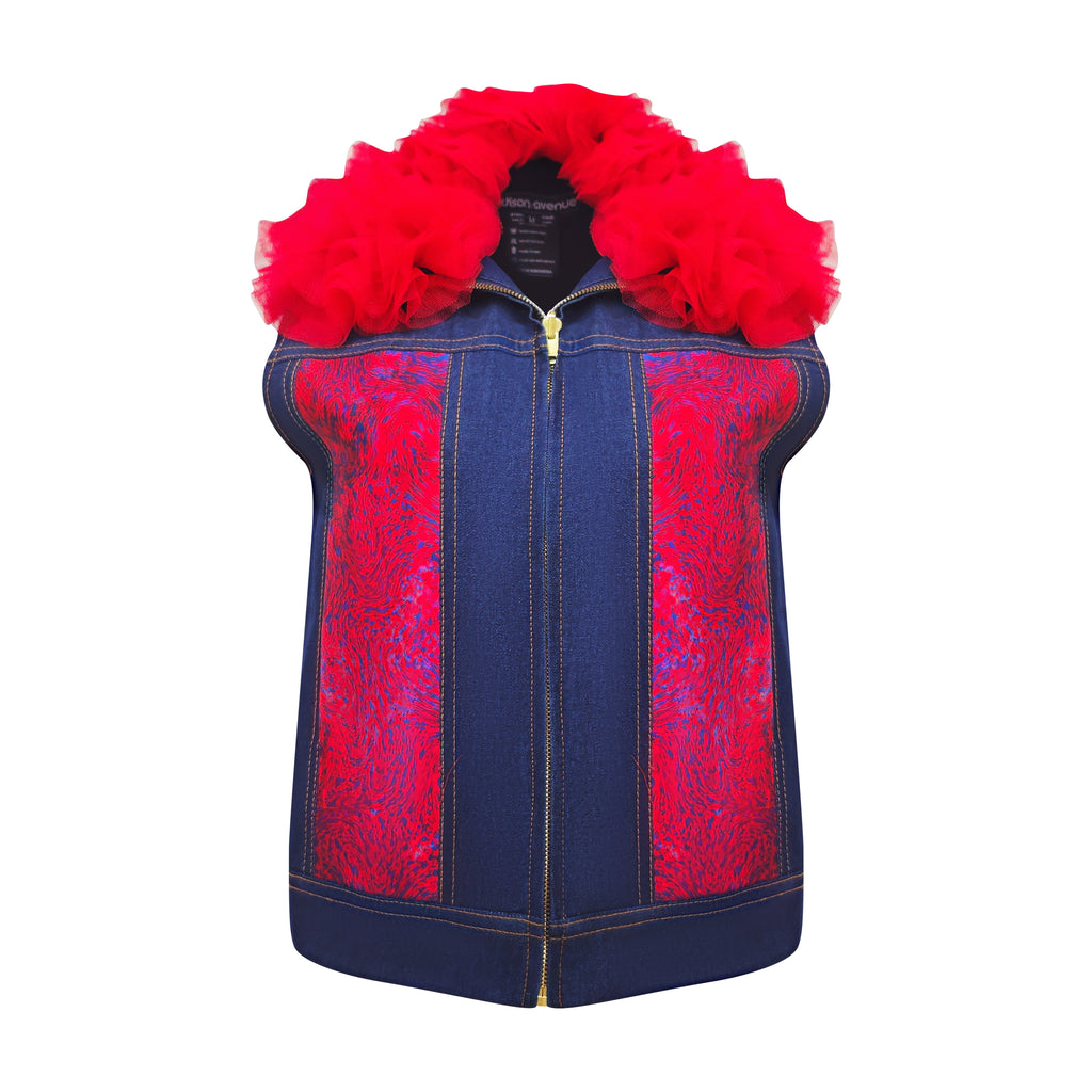 Abstract Red Blue denim fancy vest with Tulle