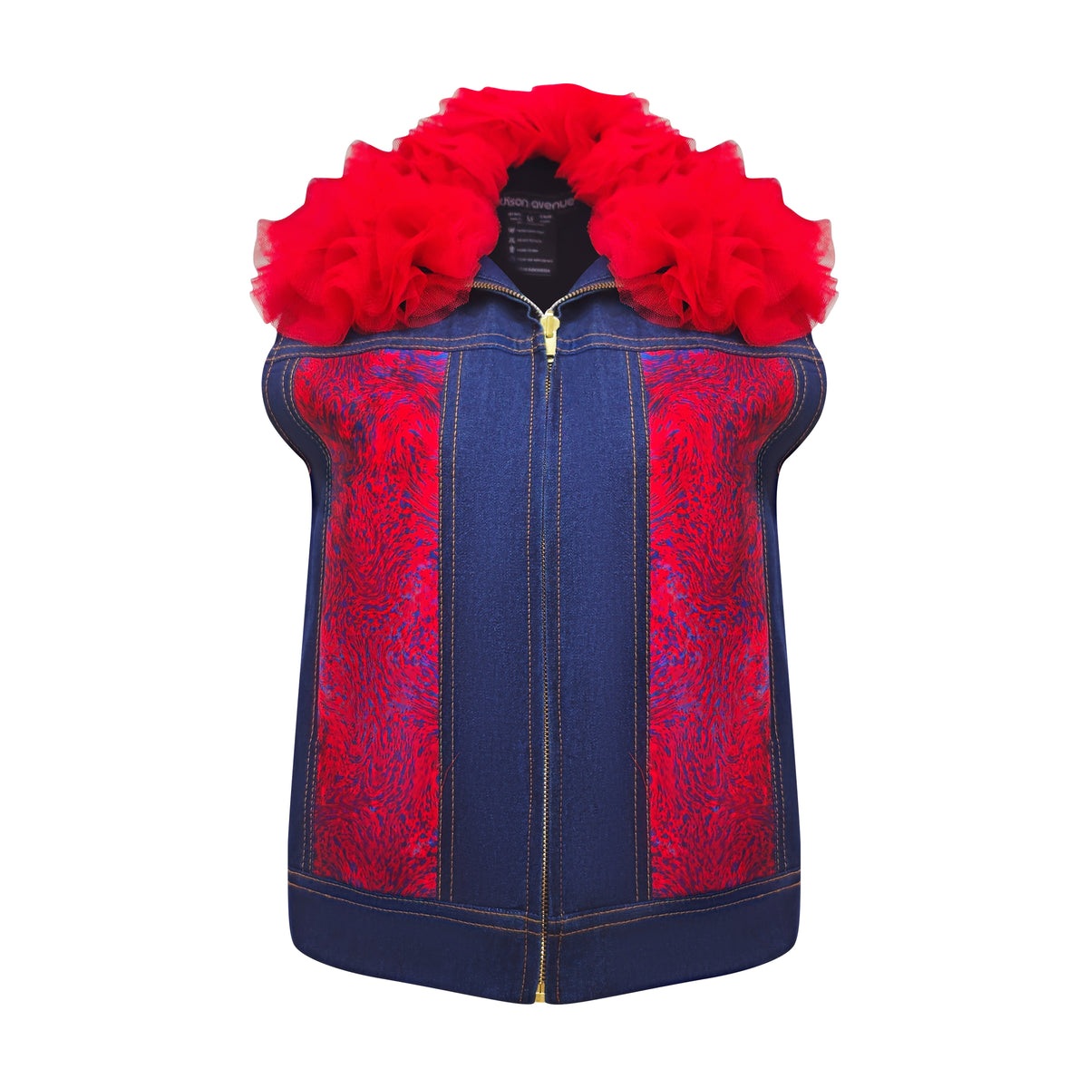 Moxie Abstract denim fancy vest with tulle - 2MADISONAVENUE.COM