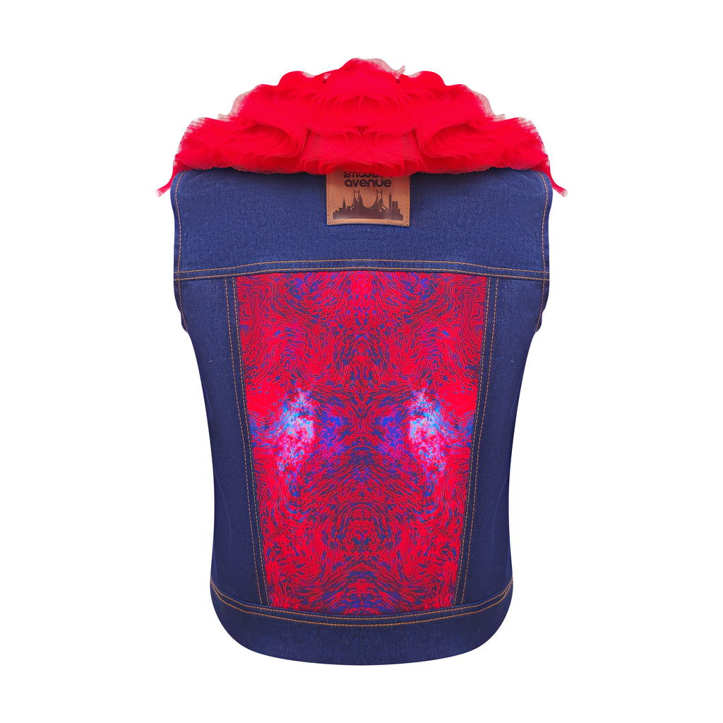 Abstract Red Blue denim fancy vest with Tulle