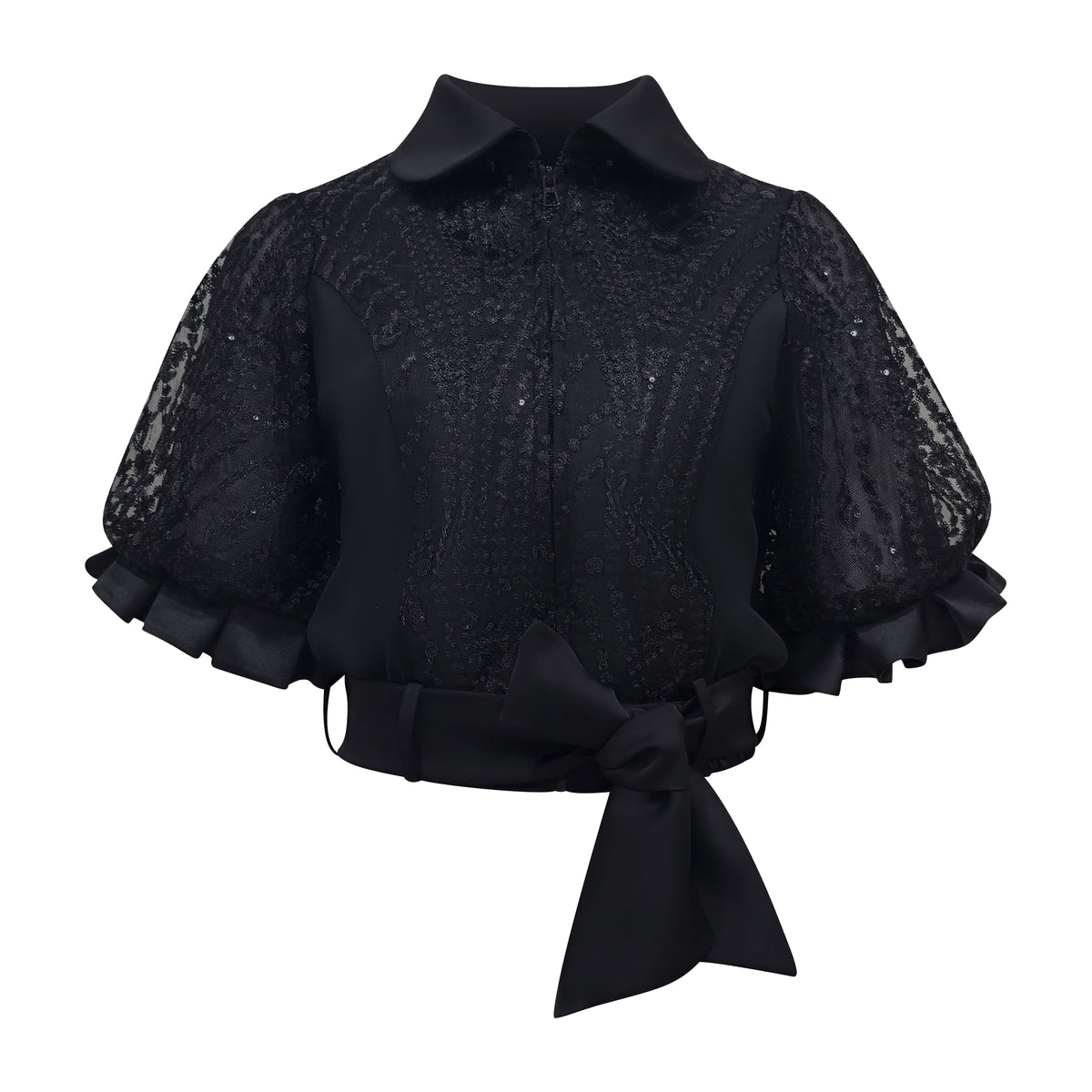Signature Black Lace Top With Ballon Sleeve - 2MADISONAVENUE.COM
