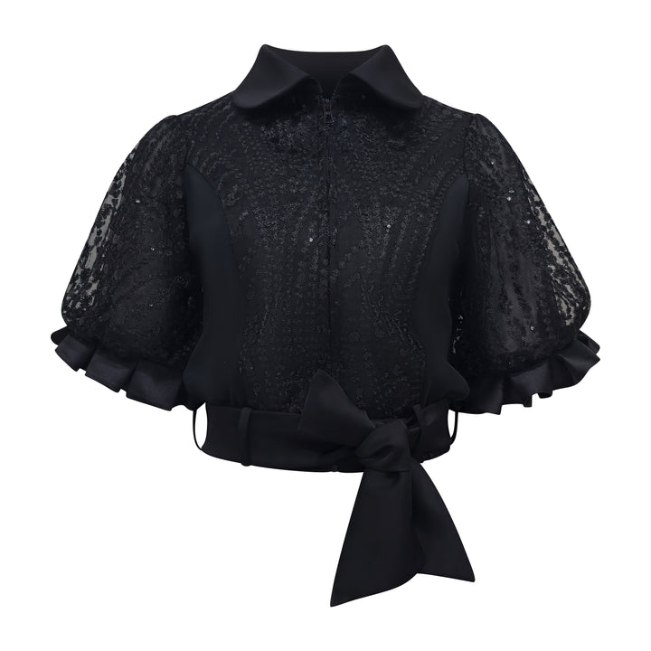 Signature Black Lace Top With Ballon Sleeve - 2MADISONAVENUE.COM