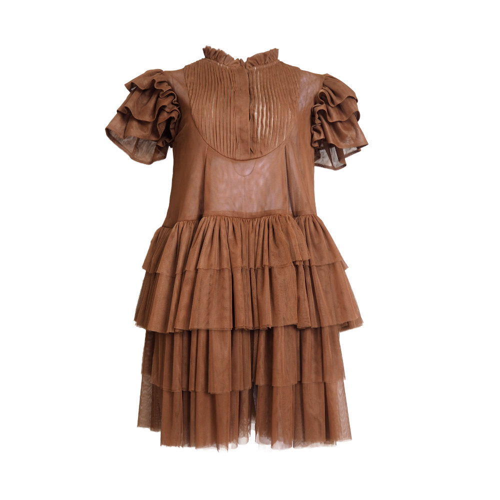 Hannah Dark Brown Short Dress (6566538936343)