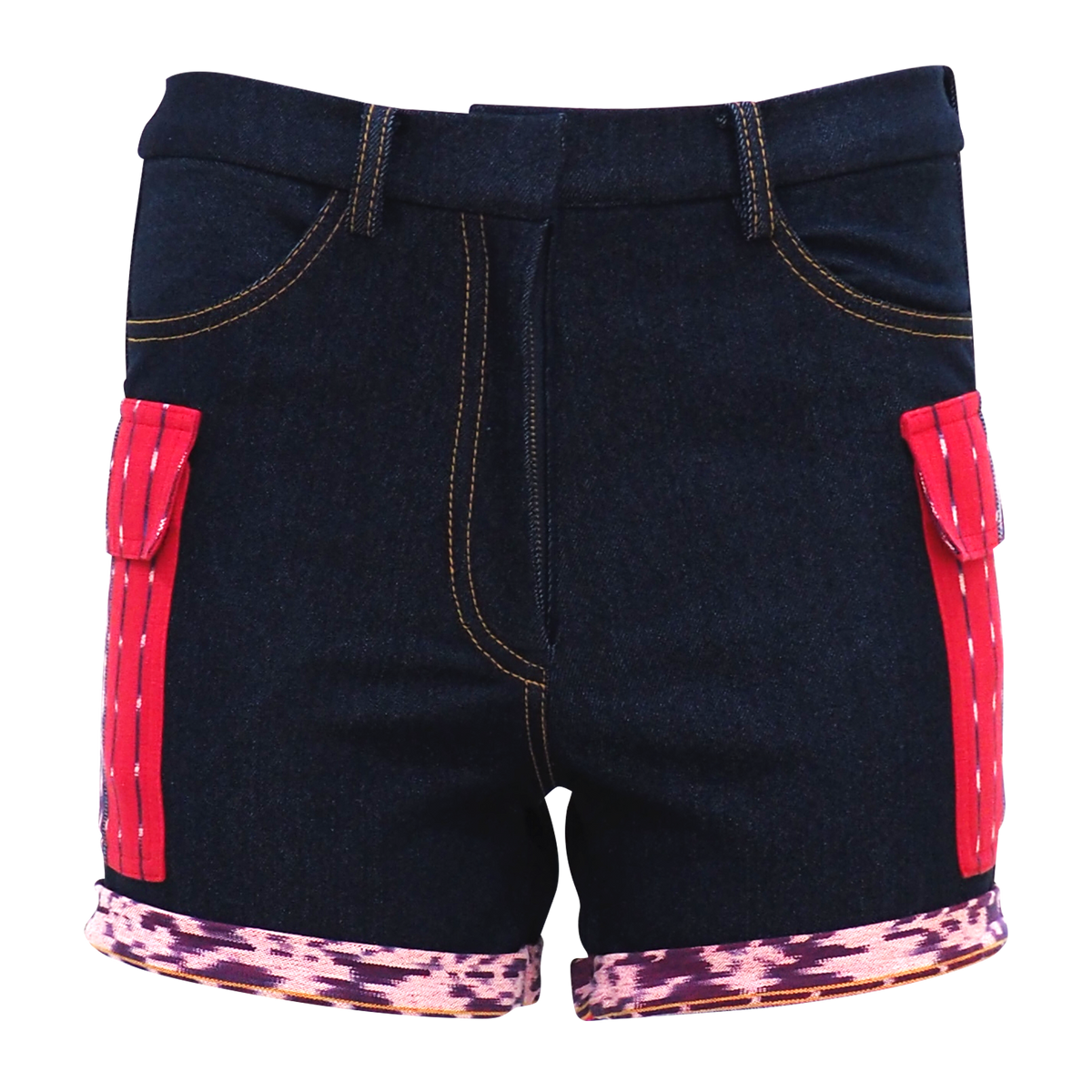 Red Denim Short pant with Traditional Weaving (6785472626711)