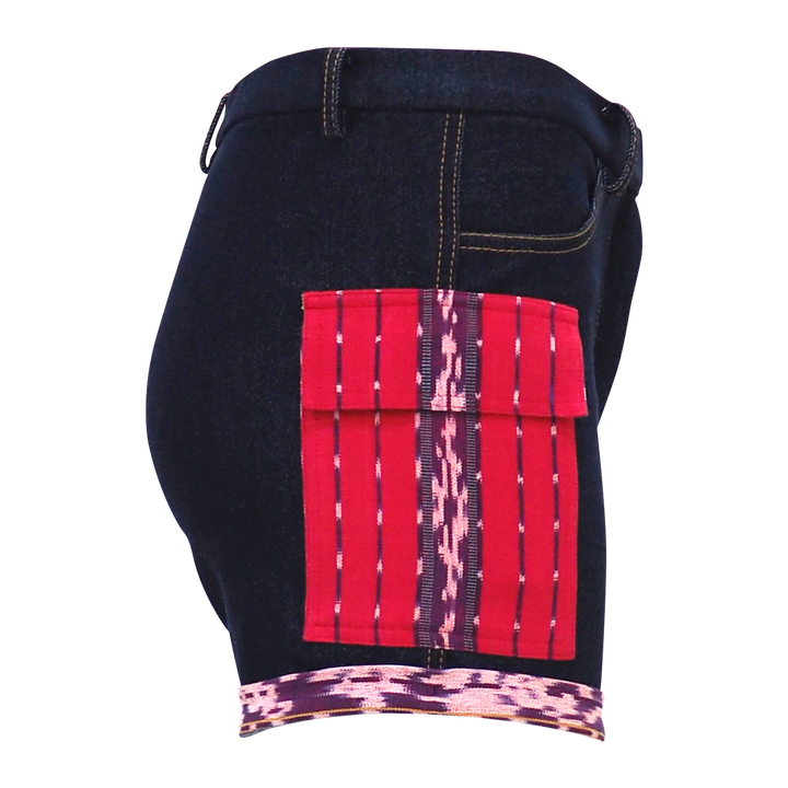 Red Denim Short pant with Traditional Weaving (6785472626711)