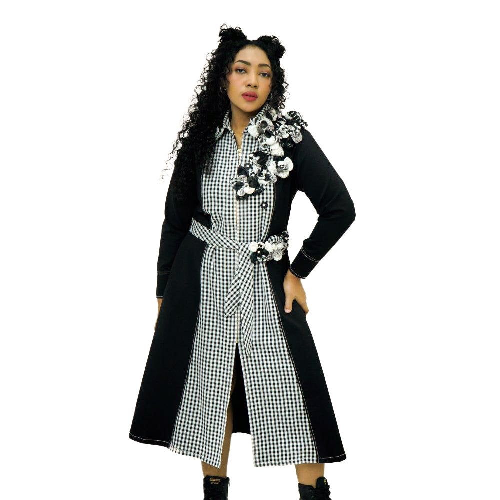 Gingham Reminiscence Gangsta Black long jacket with patch #CRV (6572458573847)