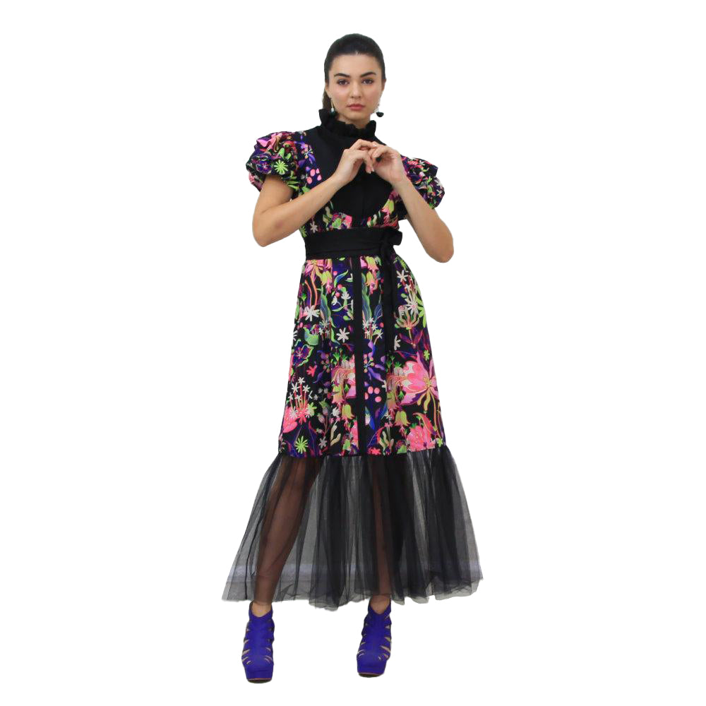 Organic Reminiscence Hasna Black Long Dress with Short Sleeve (6551772135447)