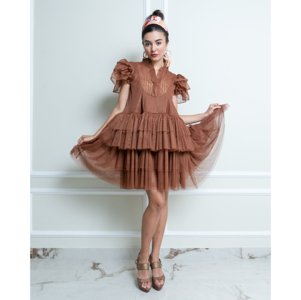 Hasna Dark Brown Short Dress (6566538936343)