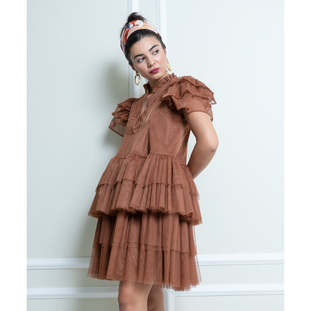 Hasna Dark Brown Short Dress (6566538936343)